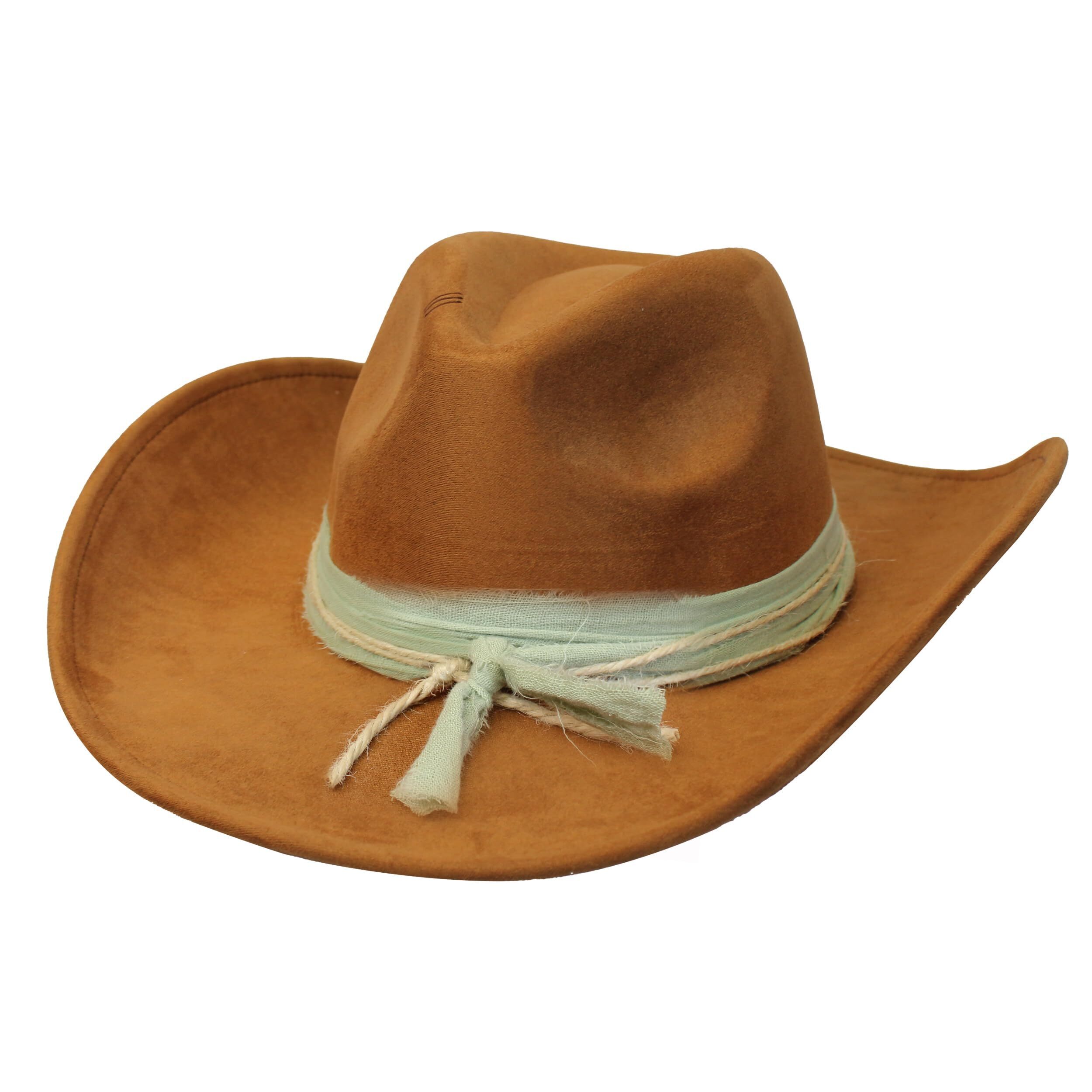 5287 Botanical Design Hand-Burned Vegan Suede Cowboy Hat Wide Brim Camel
